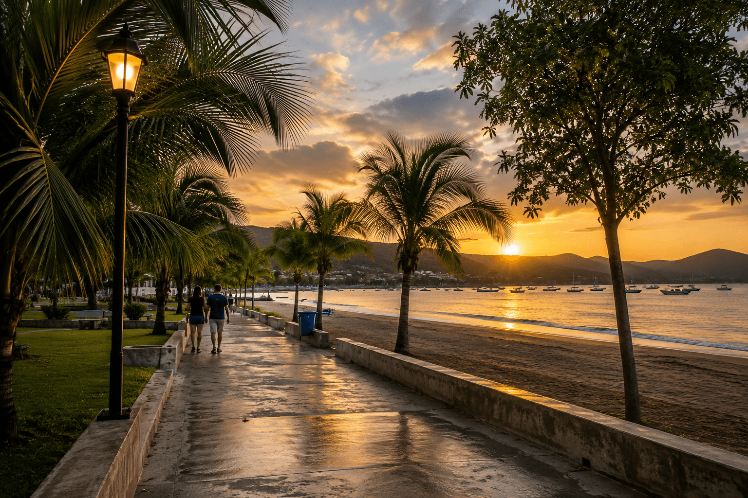 Warm sunset walkway with palm trees and beach atmosphere in Playas del Coco, Guanacaste, Costa Rica