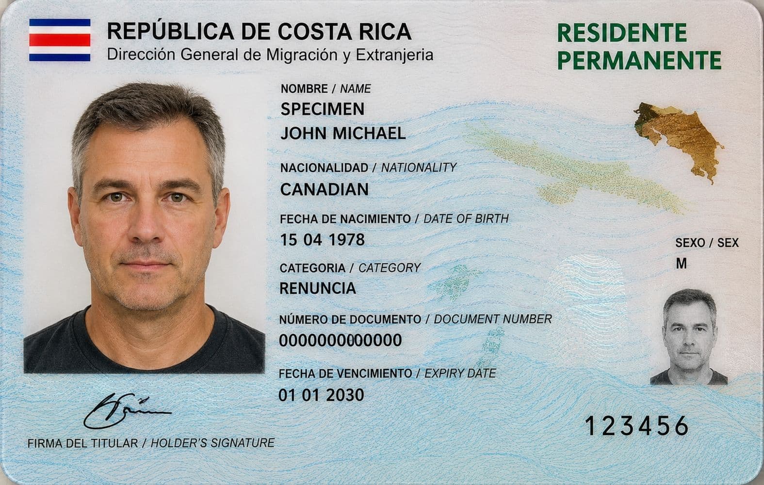 Costa Rica DIMEX residency card and immigration paperwork