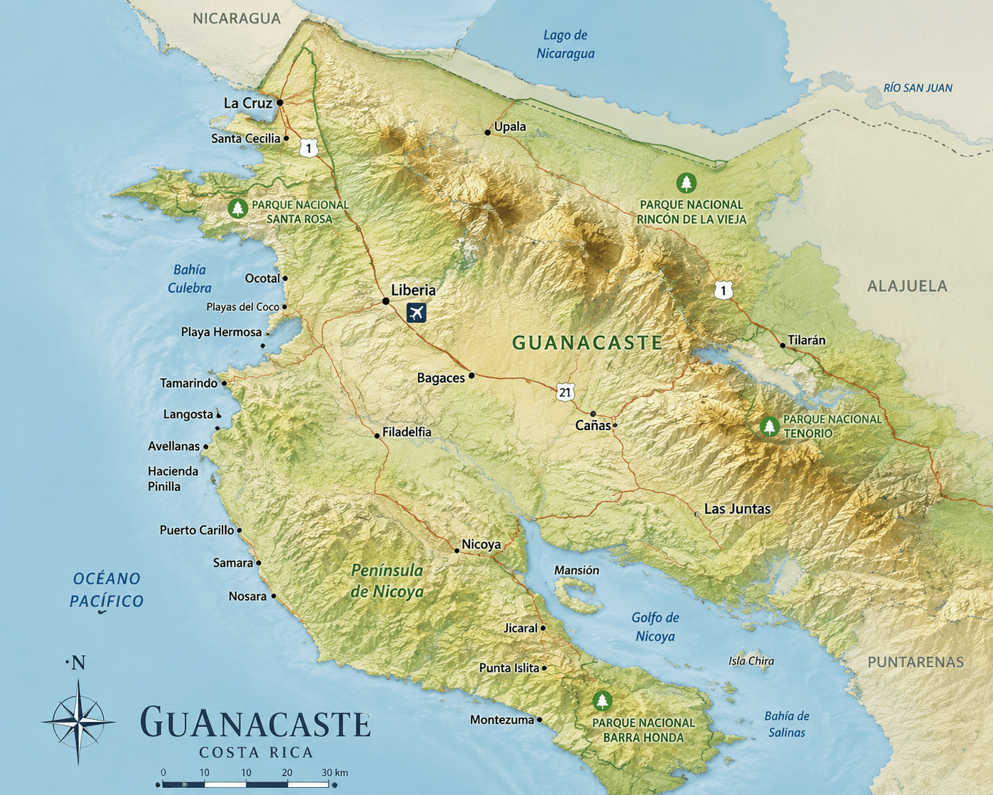 Map of Guanacaste Costa Rica showing major towns and regions
