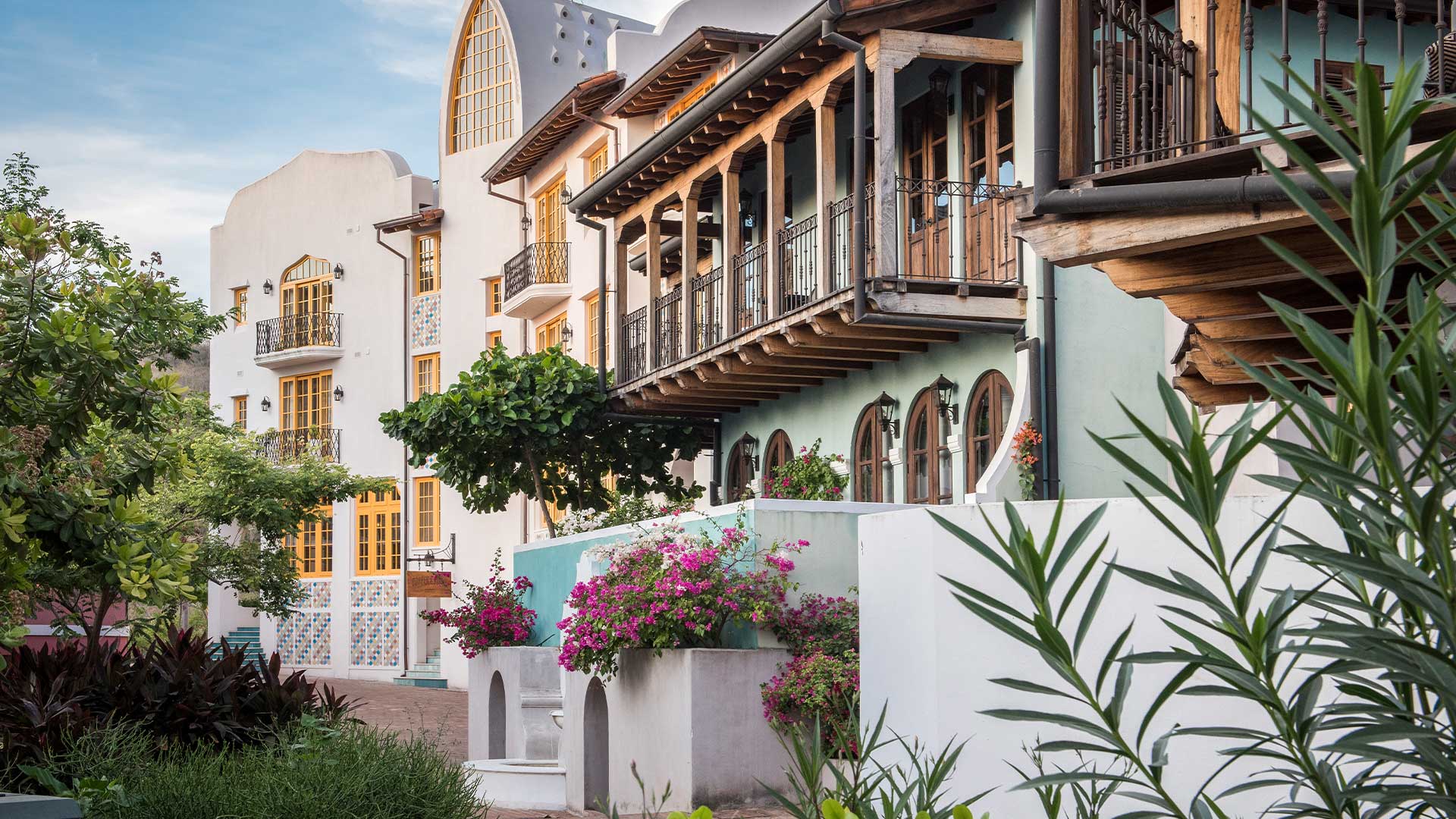 Colorful Mediterranean-inspired architecture and pedestrian streets in Las Catalinas, Costa Rica