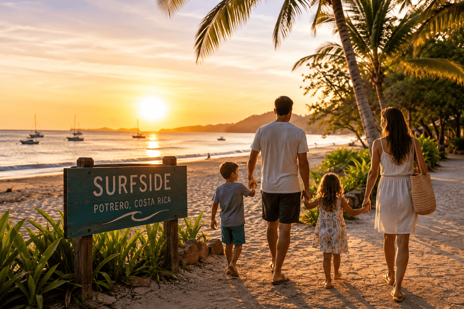 Families enjoying beach-town life in Surfside Potrero Costa Rica