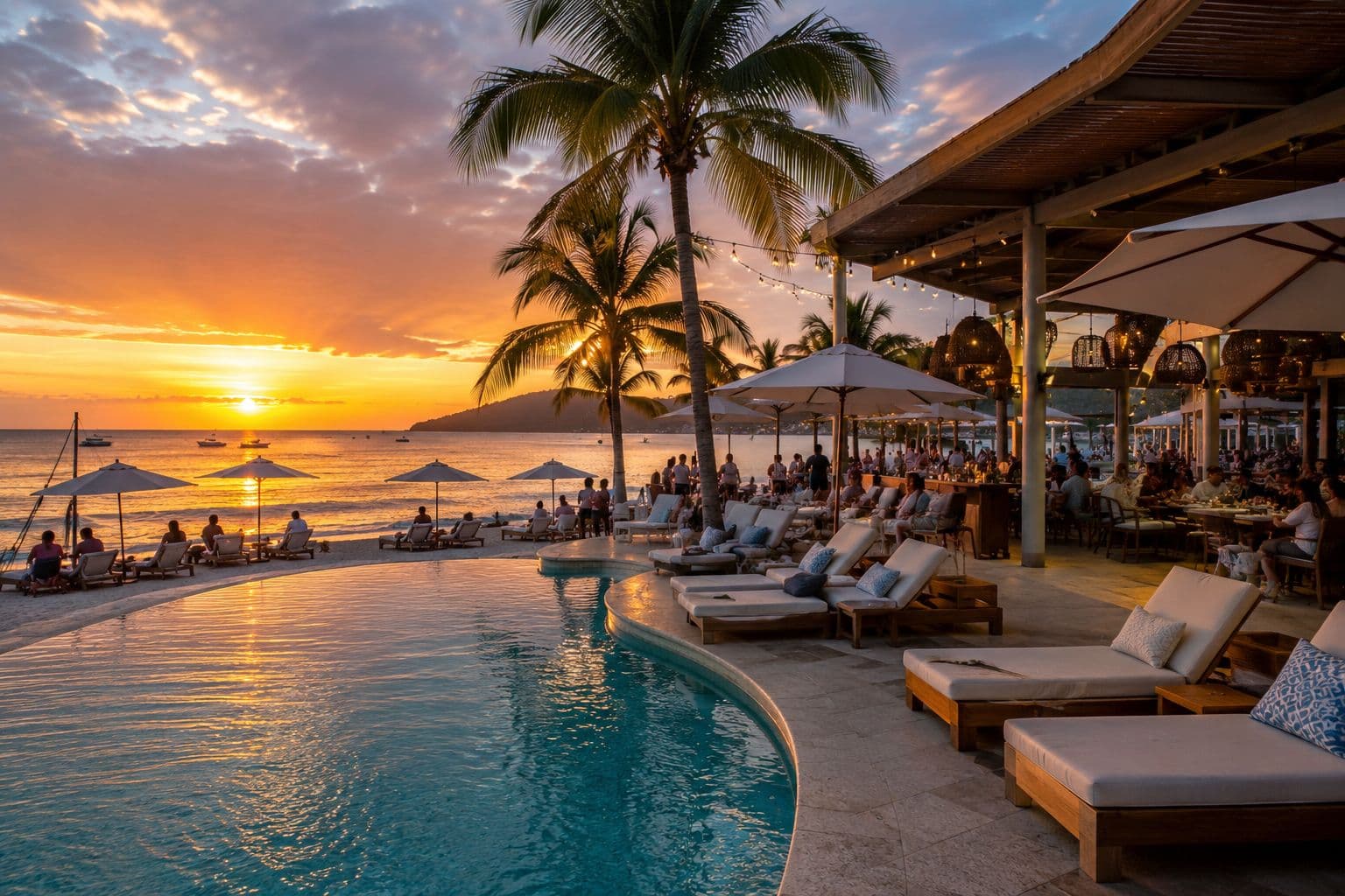 Beach club pool and lounge area near Playas del Coco Costa Rica