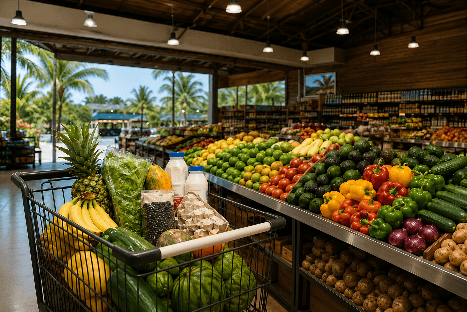 Grocery cart with fresh food for shopping in Costa Rica