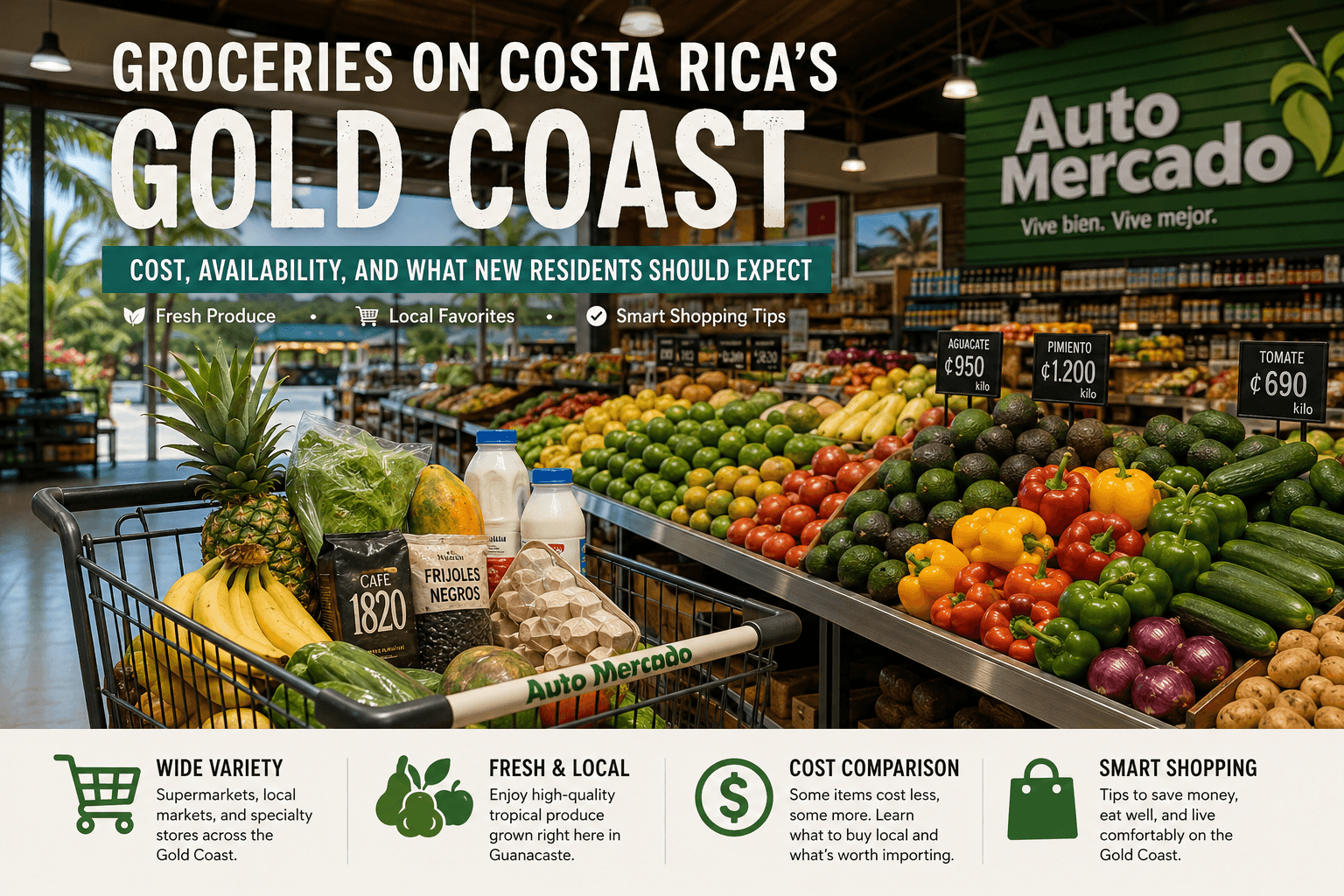 Grocery cart with fresh food for shopping in Costa Rica
