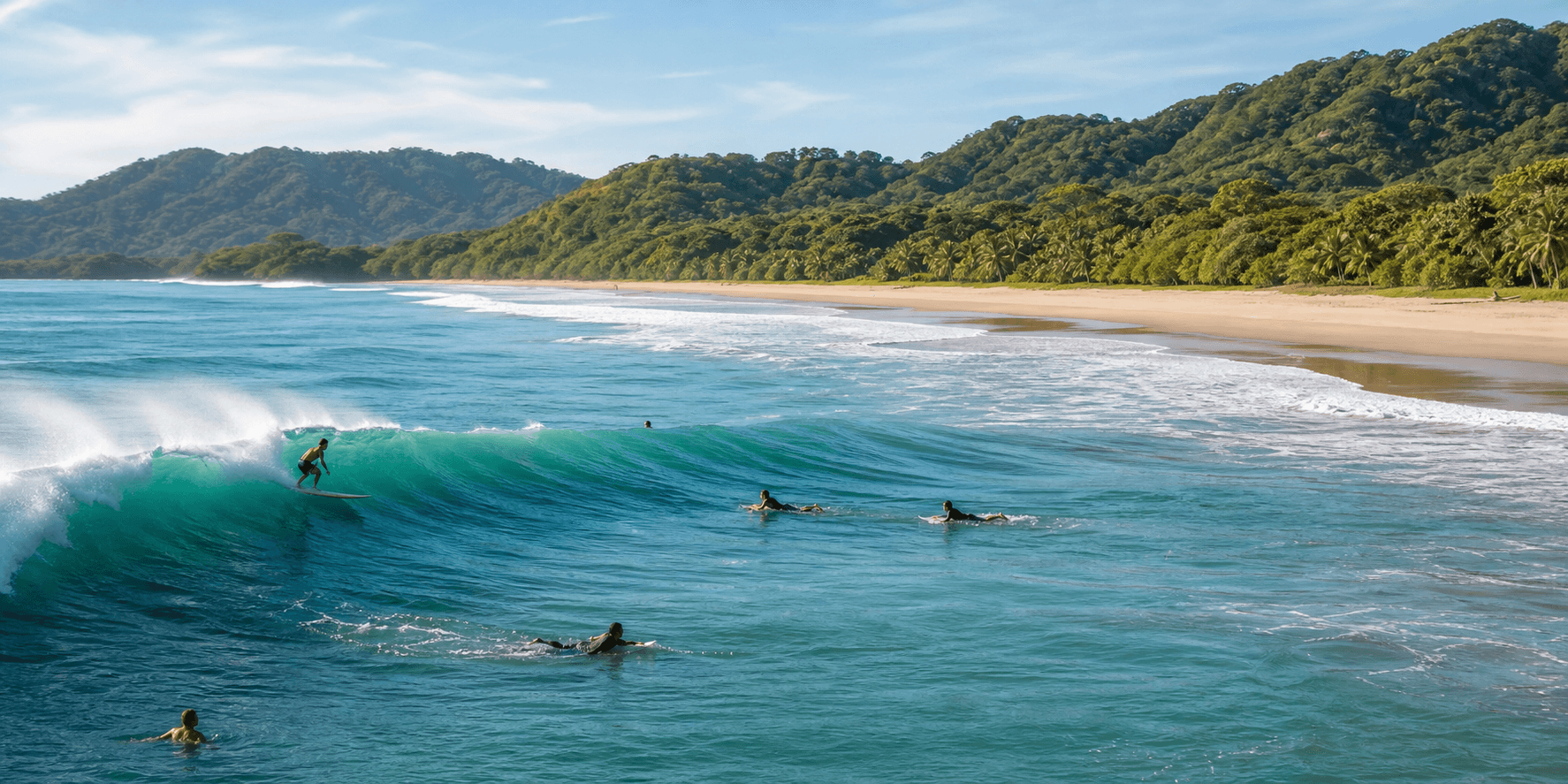 Surfers in clean waves along the protected Playa Grande coastline in Costa Rica
