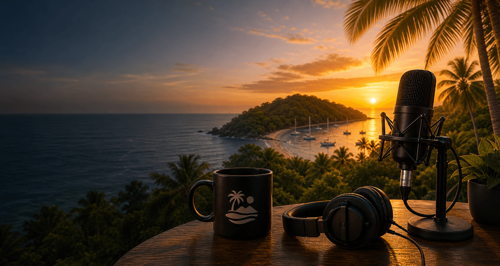 Podcast microphone with a tropical Guanacaste beach view