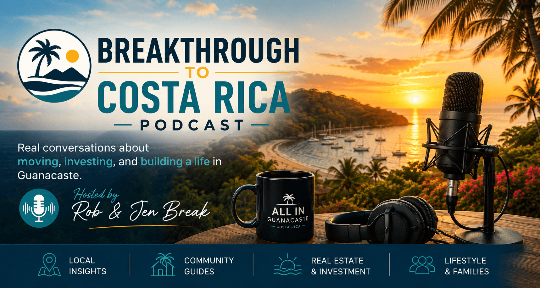 Podcast microphone with a tropical Guanacaste beach view